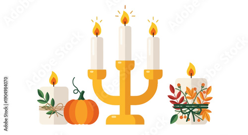 Celebratory autumnal candle arrangement with pumpkin and floral elements on a decorative candelabra from a straightforward viewpoint