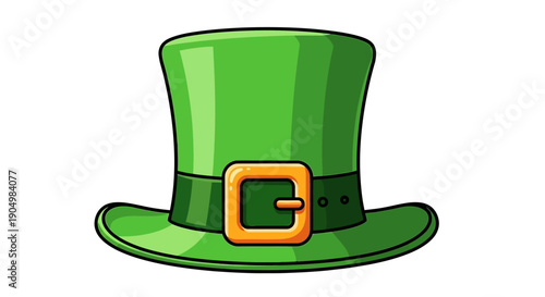 A cartoon green leprechaun hat with a shiny golden buckle on a dark green band is centered on a white background