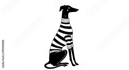 Illustration of a black dog with zebra stripes sitting on a white background viewed from the side