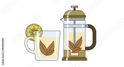 A cup of tea served with a tea infuser and lemon slice on a clean white background