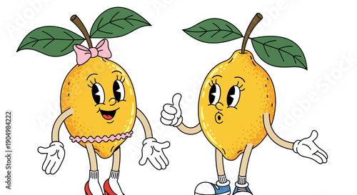 Two cartoon lemons with human-like features standing together, one wearing a pink bow and giving a thumbs up