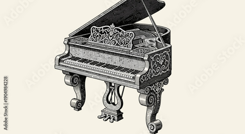 Vintage Grand Piano Illustration with Ornate Details and Classical Design Elements