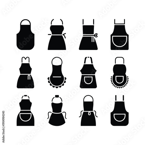 Varied styles of aprons in black and white silhouette designs isolated on white background, Vector, illustration