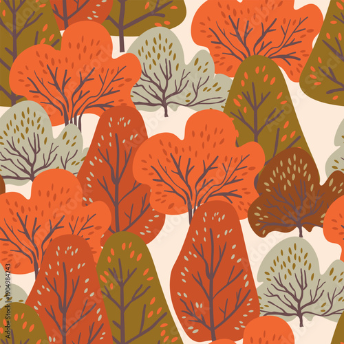 Seamless pattern with trees, plants. Color vector background. Spring, autumn tree for your design. Eco idea concept. Print design for wallpapers, fabric, textile.