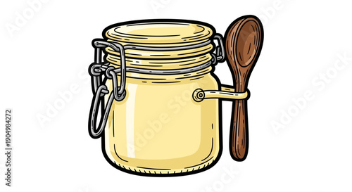 A yellow jar with a wooden spoon beside it on a white background