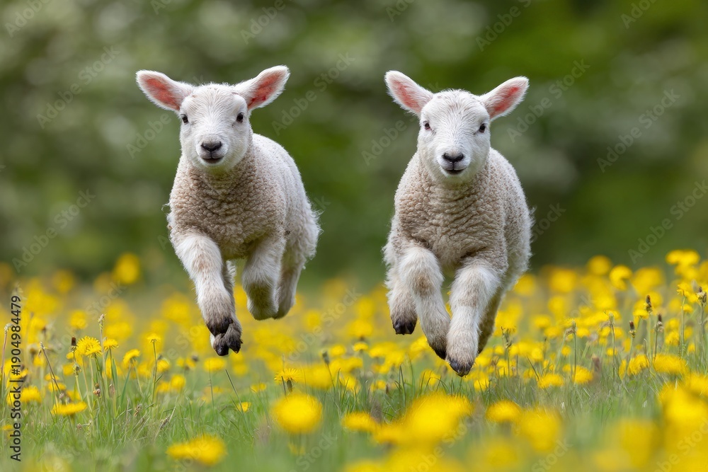 Fototapeta premium Two lambs running joyfully through a field of yellow wildflowers