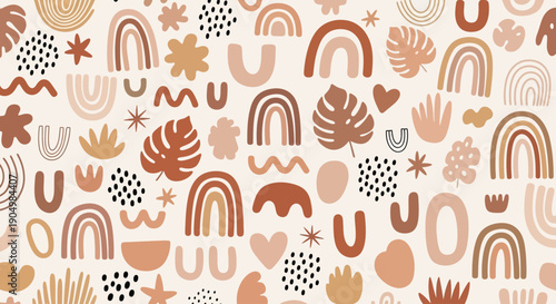 Vibrant pattern featuring rainbows, leaves, and abstract shapes in various earthy tones, creating a lively illustration