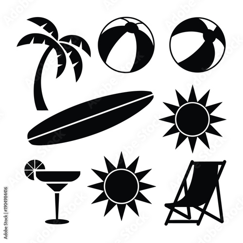 Iconic symbols representing a perfect beach day and vacation vibes isolated on white background, Vector, illustration
