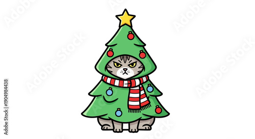 A cartoon cat dressed as a Christmas tree with ornaments and a star on top, wearing a striped scarf and sitting upright on its hind legs.