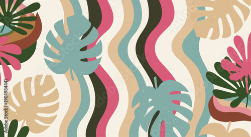 Tropical leaves and wavy lines pattern viewed from directly above in a decorative illustration