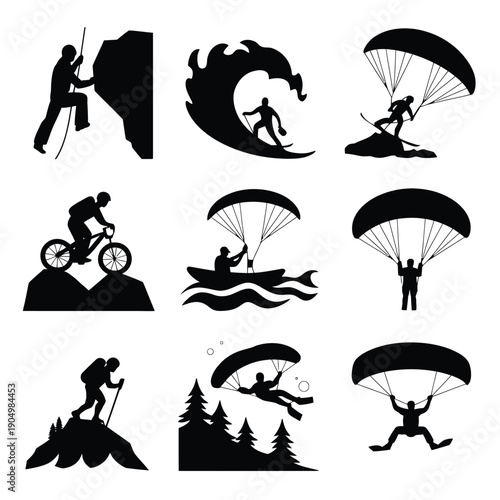 Adventure sports and extreme activities in silhouette style isolated on white background, Vector, illustration