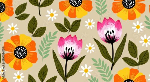 Vibrant flowers and leaves pattern viewed from directly above in a repeating design