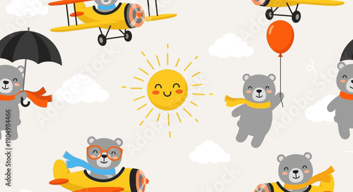 Adventurous bears flying planes and floating with balloons in the sky on a sunny day with fluffy clouds