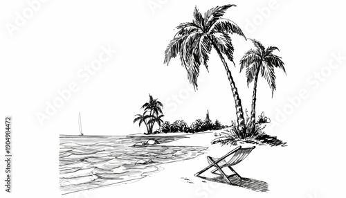 Beach scene with palm trees and a chair on sandy shoreline by kDBkc