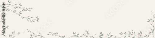 Wide minimalist botanical banner with soft green branches and leaves on a warm neutral background. Elegant natural composition with copy space, perfect for website headers, presentations and covers