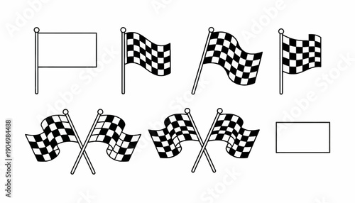 Racing checkered flags waving in the wind on a podium with blank signs for racing events and competitions