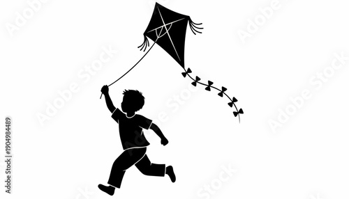 A child runs while flying a kite outdoors in a recreational setting.