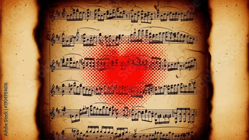 Vintage sheet music with red heart on aged paper, viewed centrally