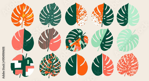 Collection of colorful tropical leaves arranged in a grid pattern on a neutral background, viewed from directly above.