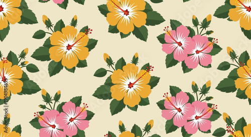 Vibrant floral pattern featuring pink and yellow flowers with green leaves on a seamless background viewed from directly above