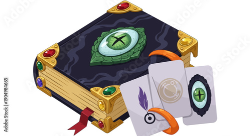 An ornate, ancient tome with golden accents and mysterious symbols, accompanied by three magical cards, on a pristine surface, viewed from a slight angle.