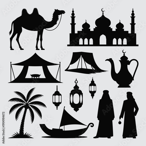 Silhouettes of iconic elements from middle eastern and arabian culture and lifestyle isolated on white background, Vector, illustration