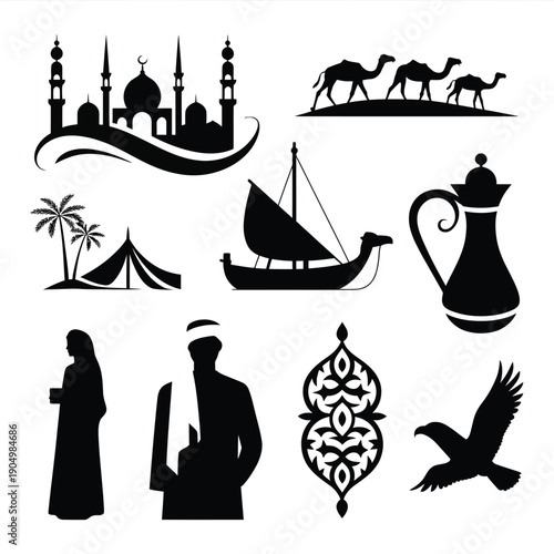 Traditional middle eastern cultural symbols and motifs in black and white silhouettes isolated on white background, Vector, illustration