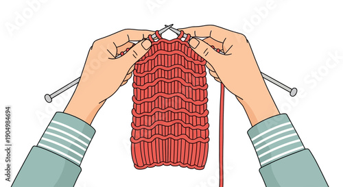 Hands holding knitting needles and a red knitted fabric from a top-down viewpoint