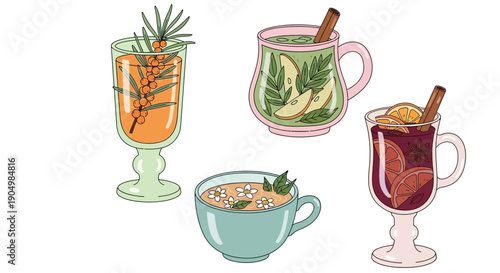 Assorted beverages in decorative glasses and mugs, showcasing various drinks and garnishes from an overhead viewpoint
