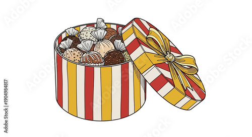 A vibrant striped gift box filled with chocolates and candies, viewed from above with the lid slightly ajar