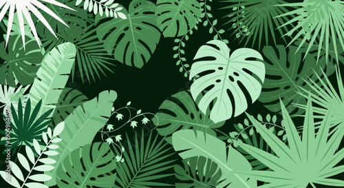 Tropical leaves and plants illustration showcasing diverse species in a lush green environment from a top view