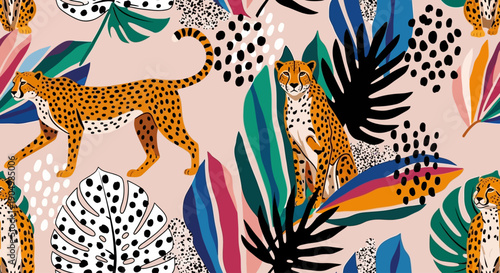 Vibrant jungle scene with leopards, foliage, and plants in a lively illustration from a close-up viewpoint.
