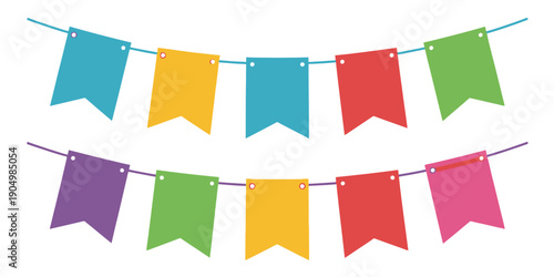 Colorful triangular bunting flags strung together in two parallel rows isolated on white background, Vector, illustration