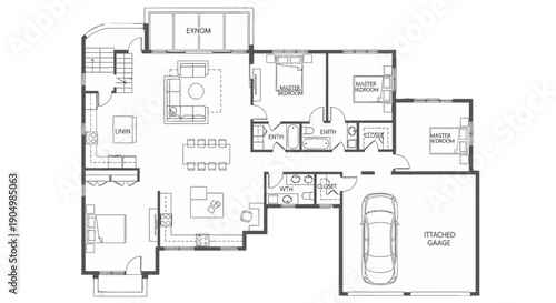 Detailed floor plan of a modern house with various rooms and furniture layout.
