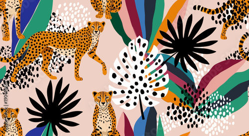 Vibrant cheetahs, flowers, and leaves pattern illustration featuring dynamic animals and flora in a lively, abstract environment from a top viewpoint