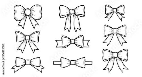 Collection of various black and white bow illustrations on a white background viewed from the front