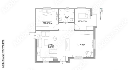 Simple black and white floor plan of a small two bedroom apartment.
