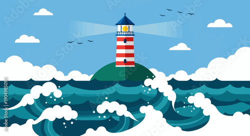 A striped lighthouse stands tall on a rocky island amidst crashing waves and a serene blue sky with clouds and seagulls flying overhead illustration