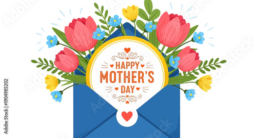 Colorful flowers and envelope with Happy Mother's Day sign, ideal for greeting card or gift