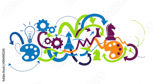 Creative brainstorming and problem solving concept with colorful abstract elements.