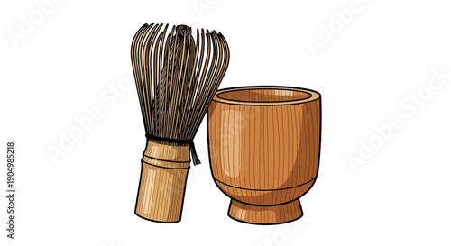 A wooden tea whisk and bowl, serene tea preparation setup, still life illustration on a simple background from a frontal viewpoint