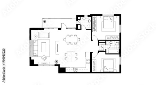 Detailed black and white apartment floor plan illustration.