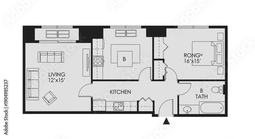 Detailed floor plan of a modern apartment with labeled rooms and dimensions.
