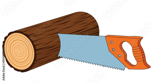 Saw lying next to a wooden log, carpentry tools, woodworking scene, log cutting illustration, sawing activity