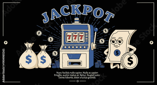 A cartoon slot machine hits the jackpot surrounded by money bags and coins in a vibrant casino scene