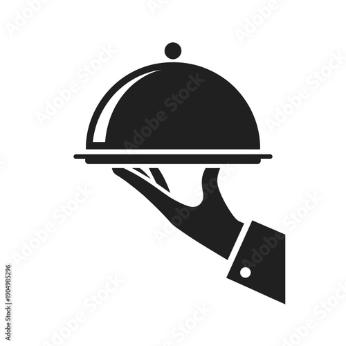 A waiter holding a silver tray with a dome-shaped serving cover isolated on white background, Vector, illustration