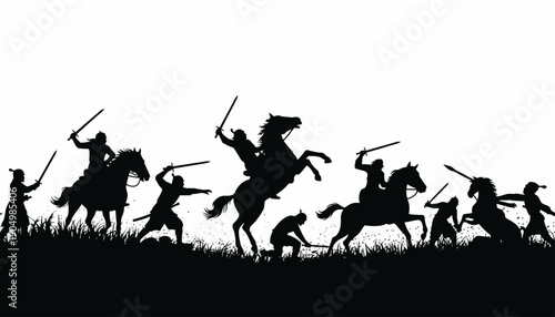 Medieval warriors on horseback clash in a fierce battle scene outdoors