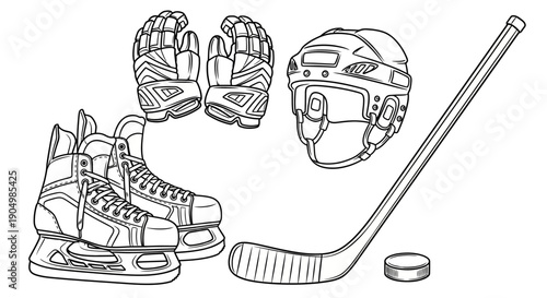 Illustration of ice hockey equipment including ice skates, gloves, helmet, stick, and puck on a white background from a straightforward viewpoint.