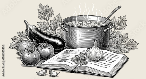 A steaming pot of vegetable stew surrounded by fresh ingredients and an open cookbook on a clean background viewed from directly above