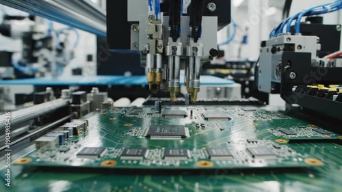 Machines place chips on circuit boards in a factory for electronics assembly